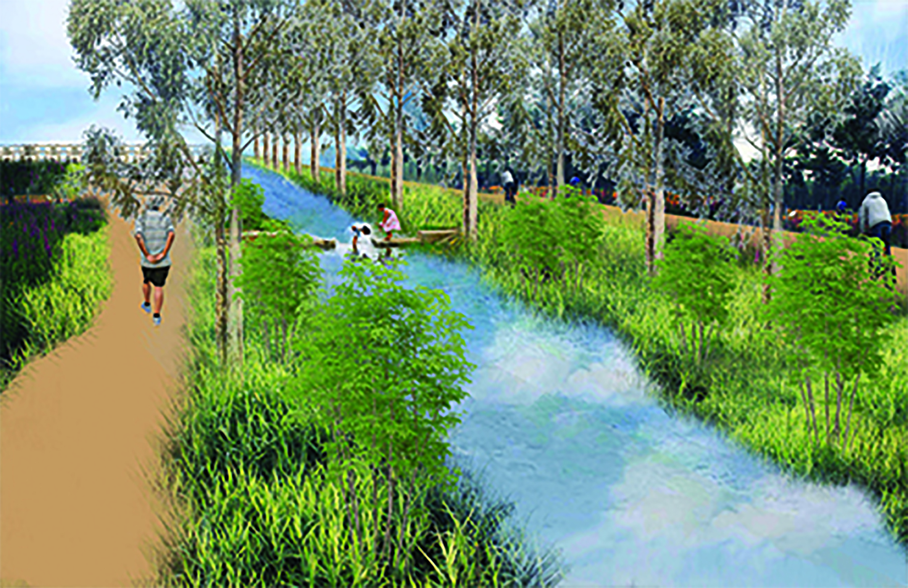 Rendering of people walking on a path next to the water