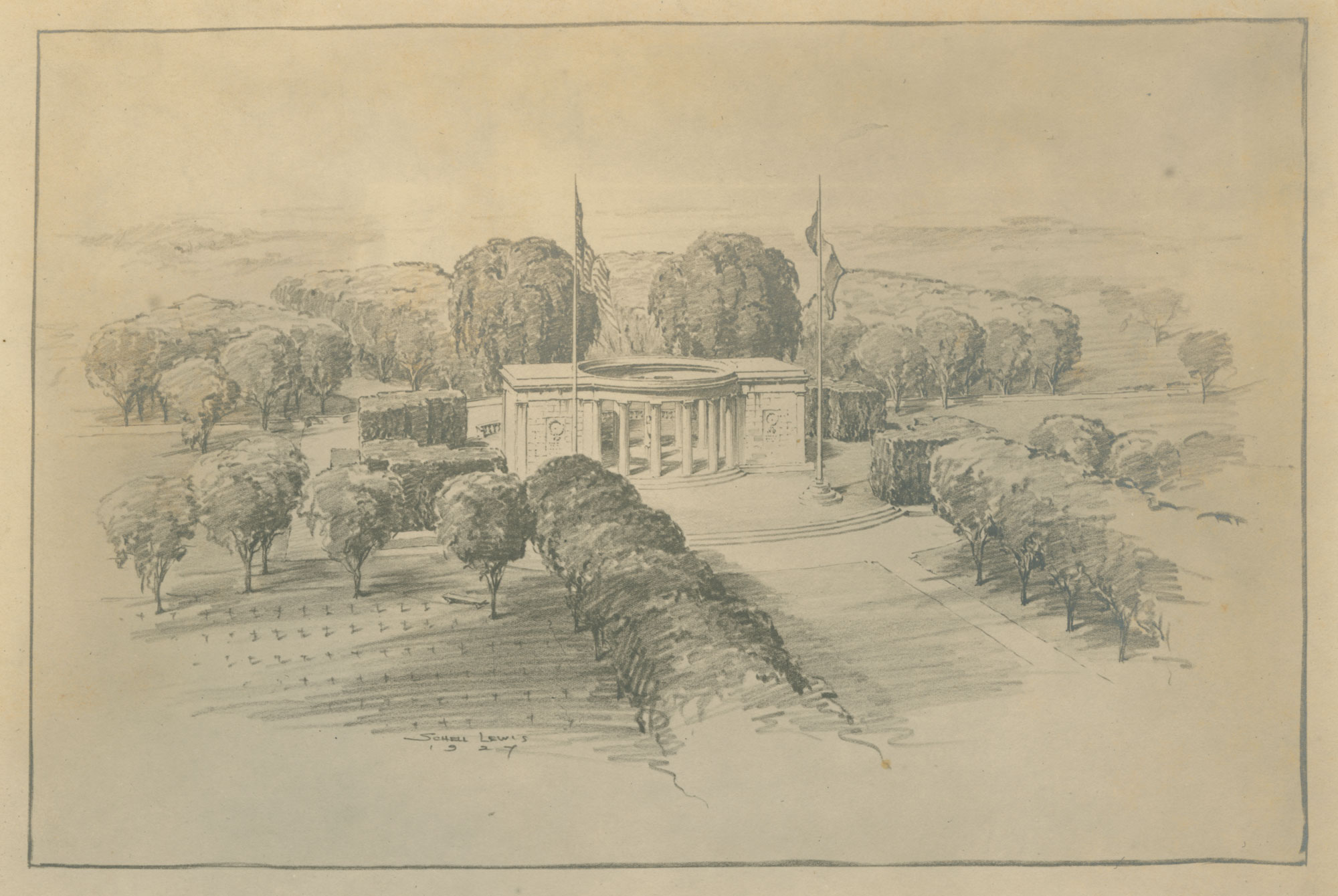 Architectural pencil sketch showing american monument