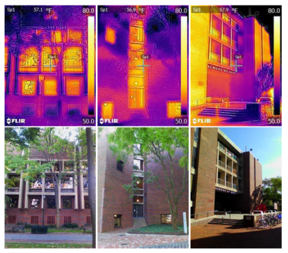 Photos of buildings compared to infrared photos of the same buildings.