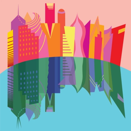 Stylized city skyline where all of the building are cartoonishly colored in pink, yellow, red and orange. Below the skyline is flipped image of the skyline where all of the colors of the buildings are the complementary opposite of what they are above.