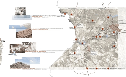 Map of Sardinia Geo-mining park with certain areas highlighted and accompanying photographs.