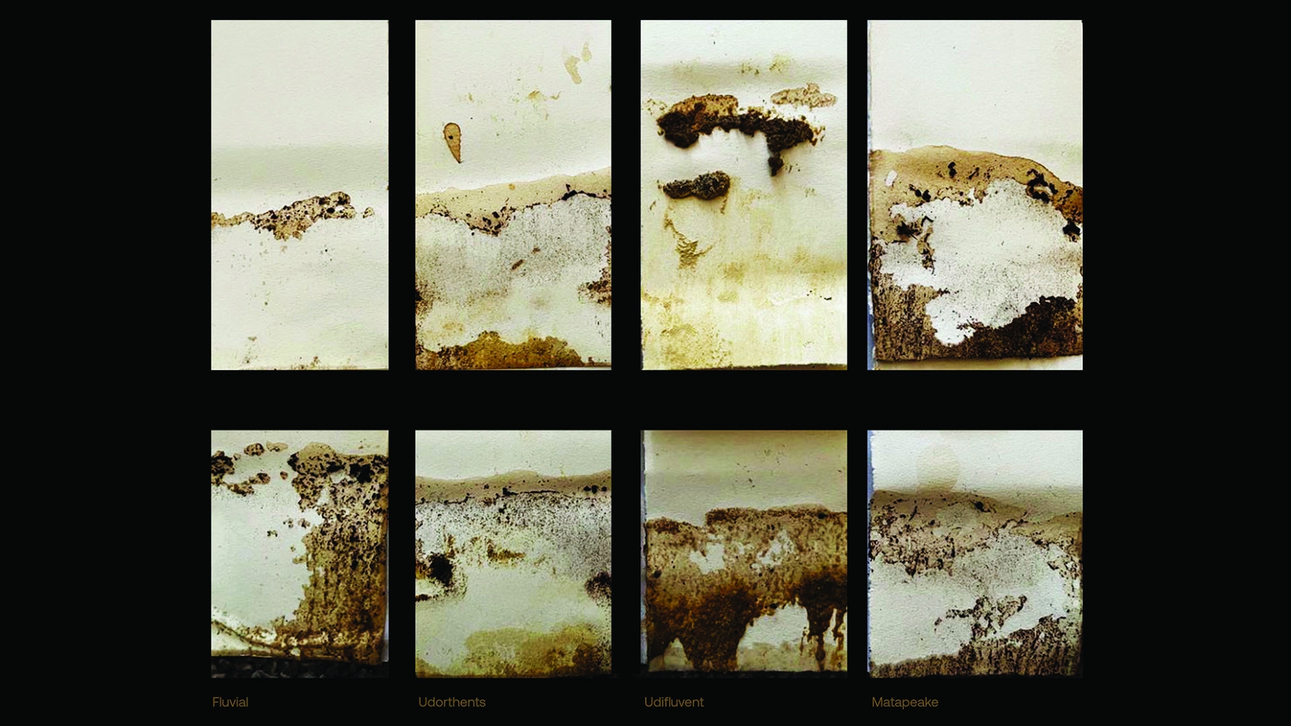 Composite of eight images which could be abstract but resemble soil and ice