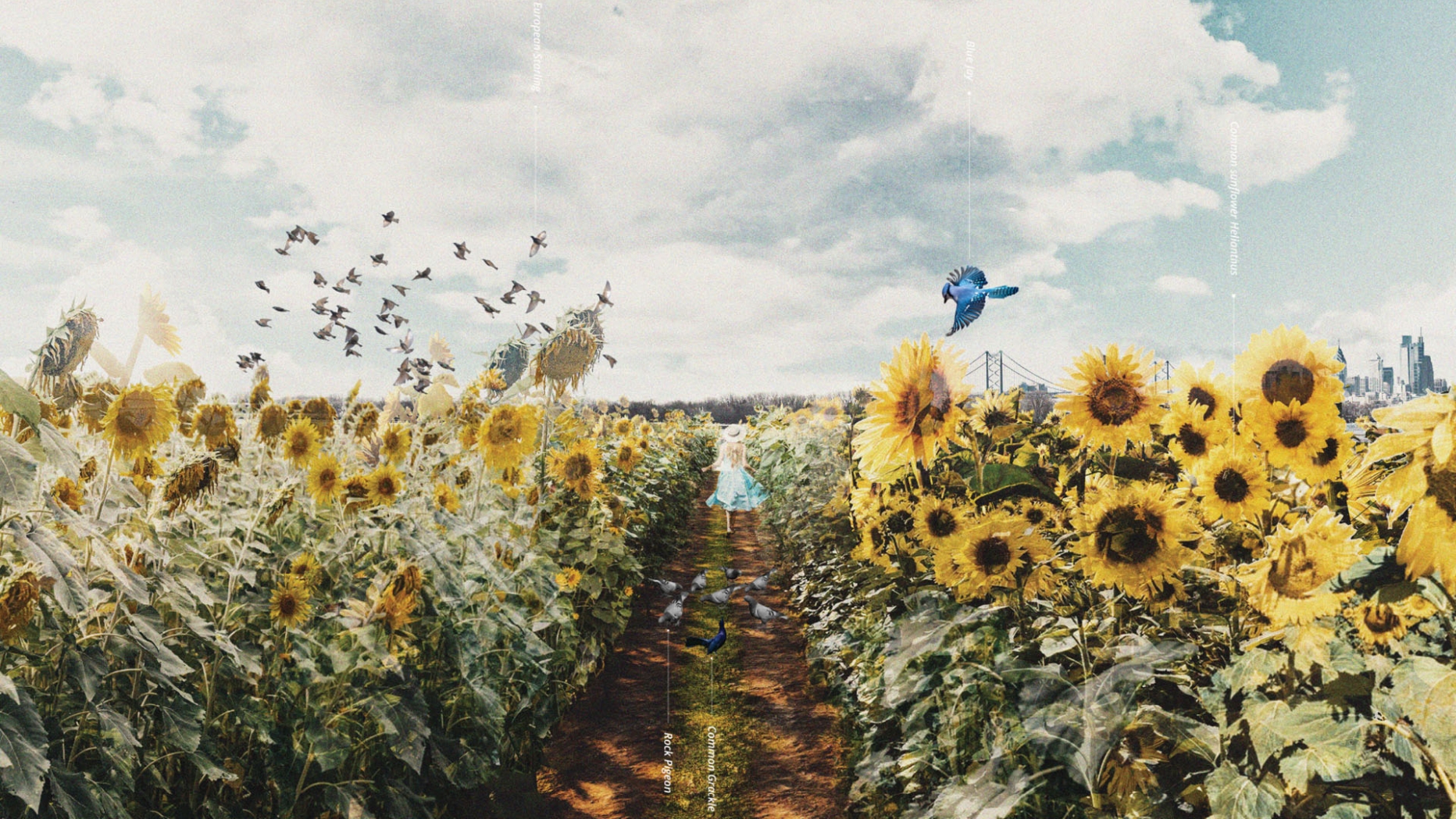 Rendering of a field of sunflowers with a woman in a hat walking away and bluejay flying above