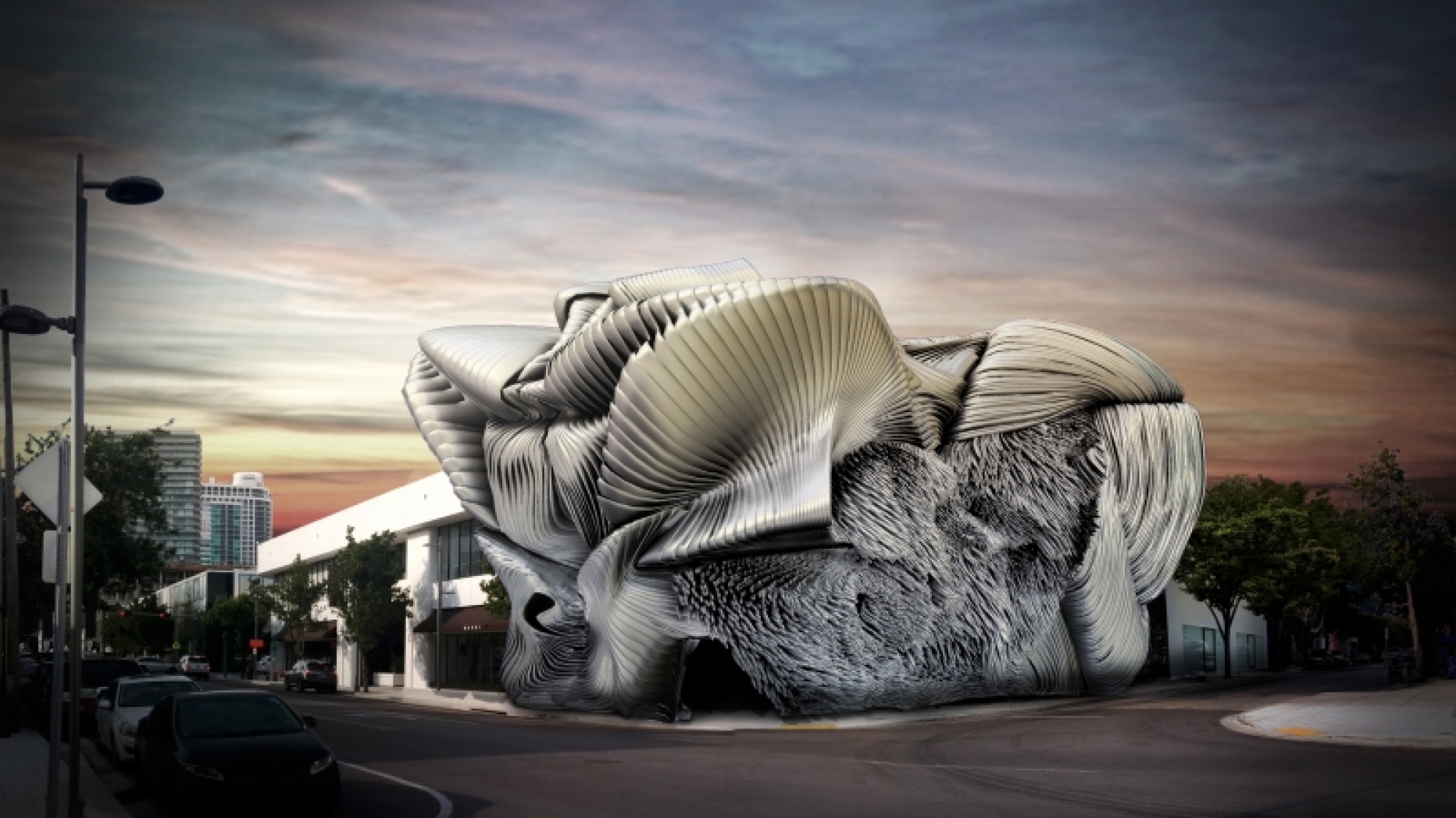 Rendering of building with biomorphic design, resembling feathers and balene