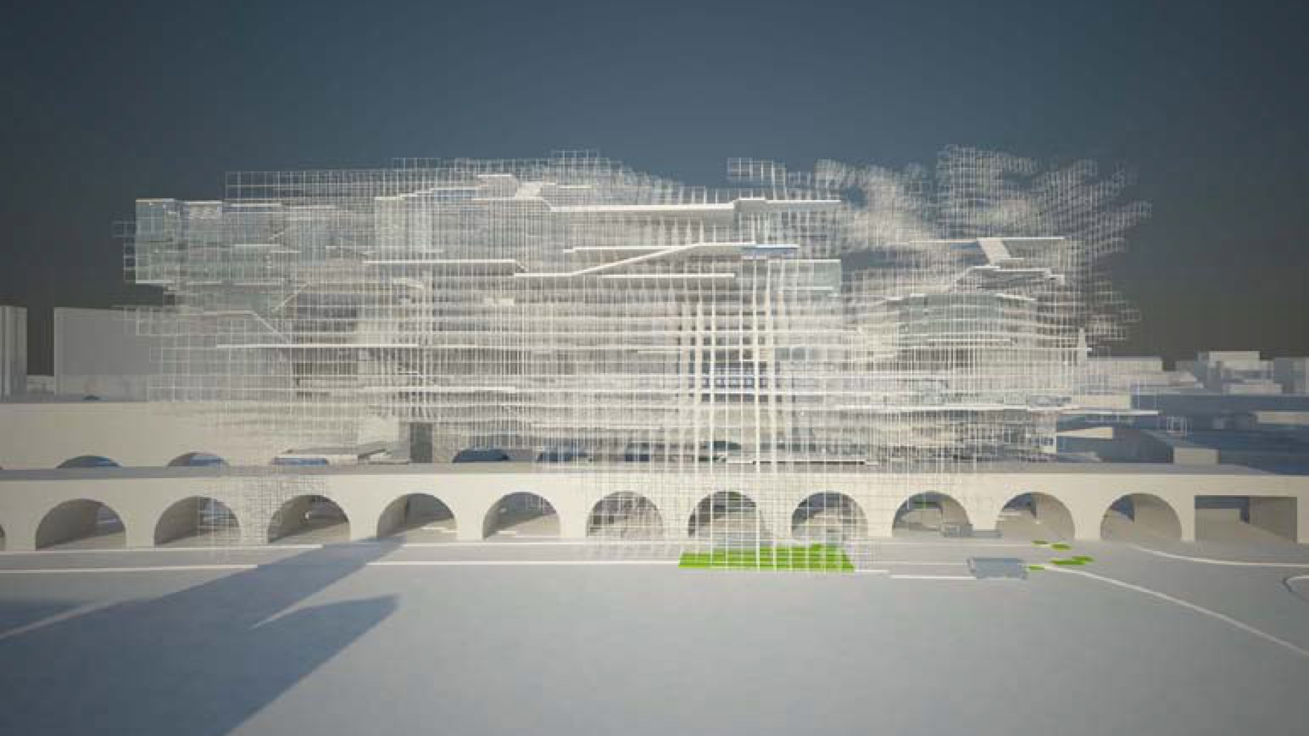 Rendering of design with large aqueduct like arches and huge lattice like structure covering the whole thing