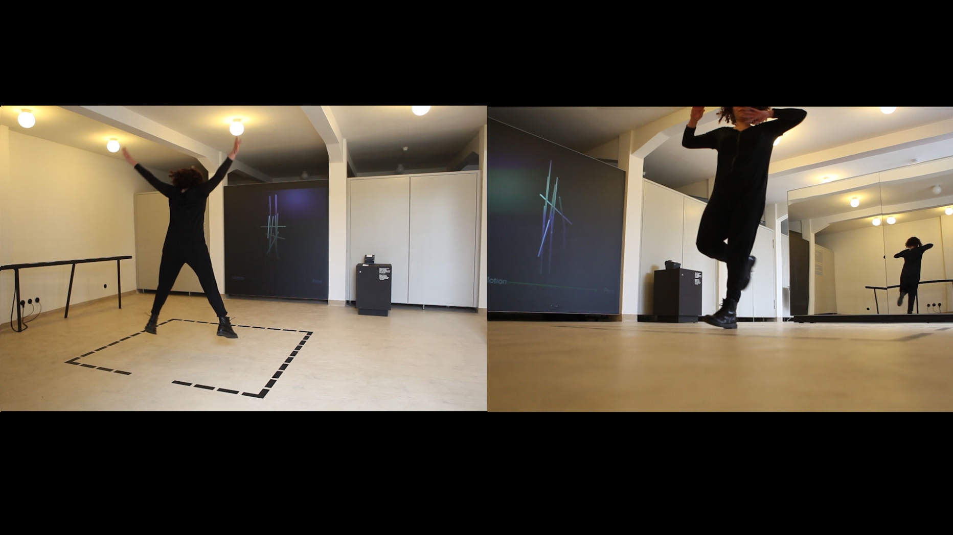 Two different images of a student dancing in a studio.