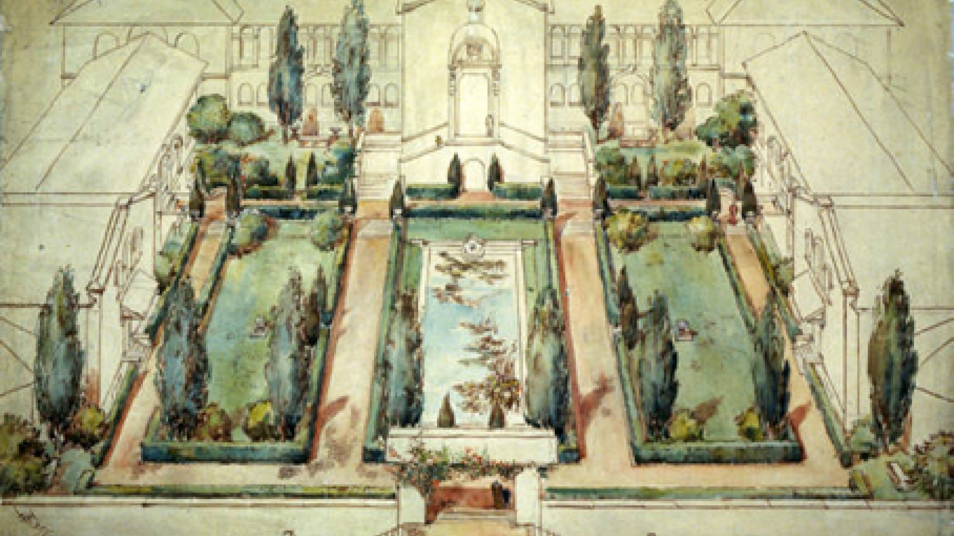 Partially colored illustration of Graeco roman buildings with courtyard with two lawn-gardens and a fountain in the center