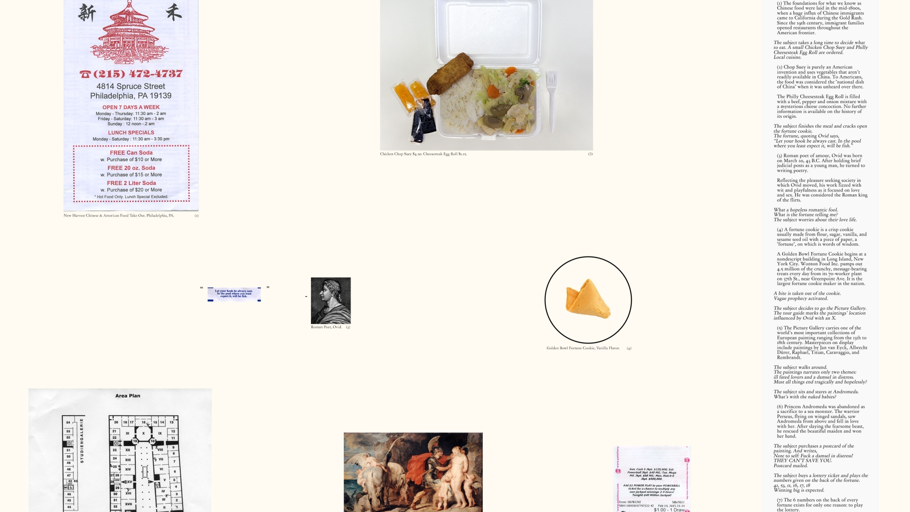 Several images on a white background ranging from a Chinese takeout menu to a classical painting.
