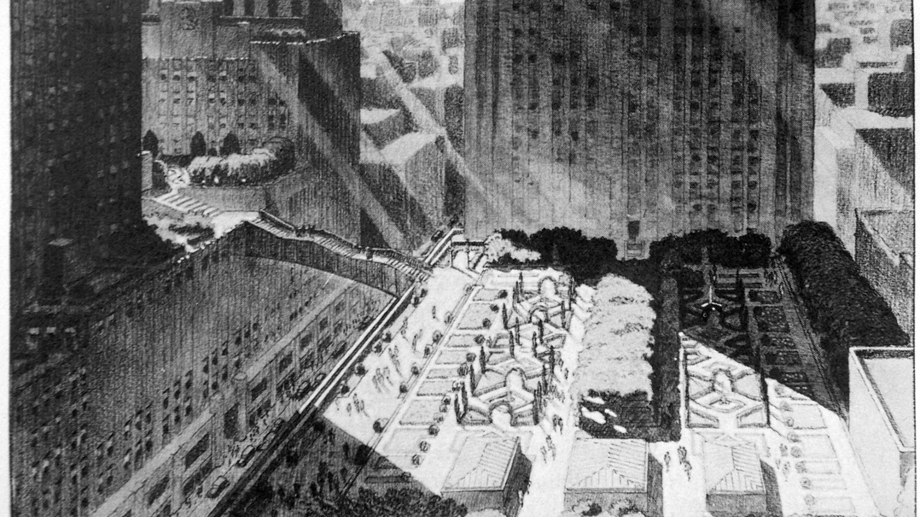 Old black and white drawing of potential urban public space project.
