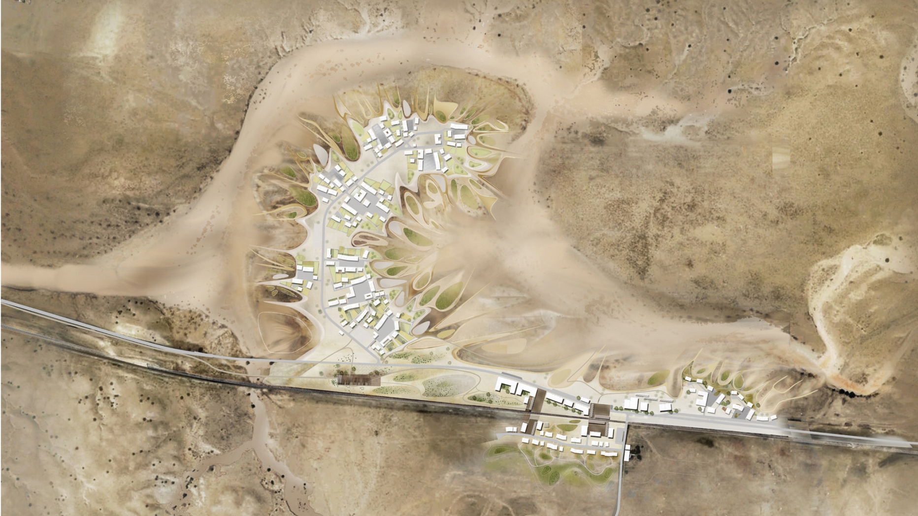 Overhead view image of potential large scale multi building architectural project in desert.