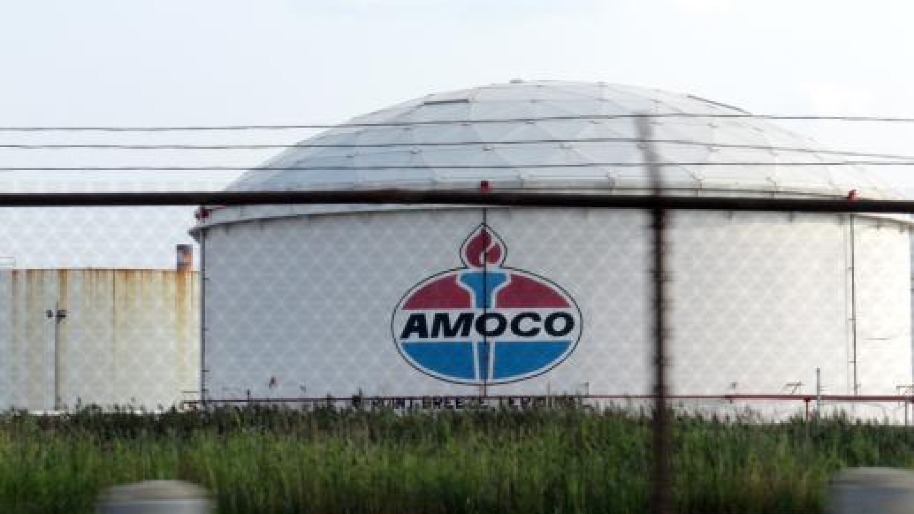 An industrial structure featuring the Amoco logo in an oil refinery in the Lower Schuylkill area.