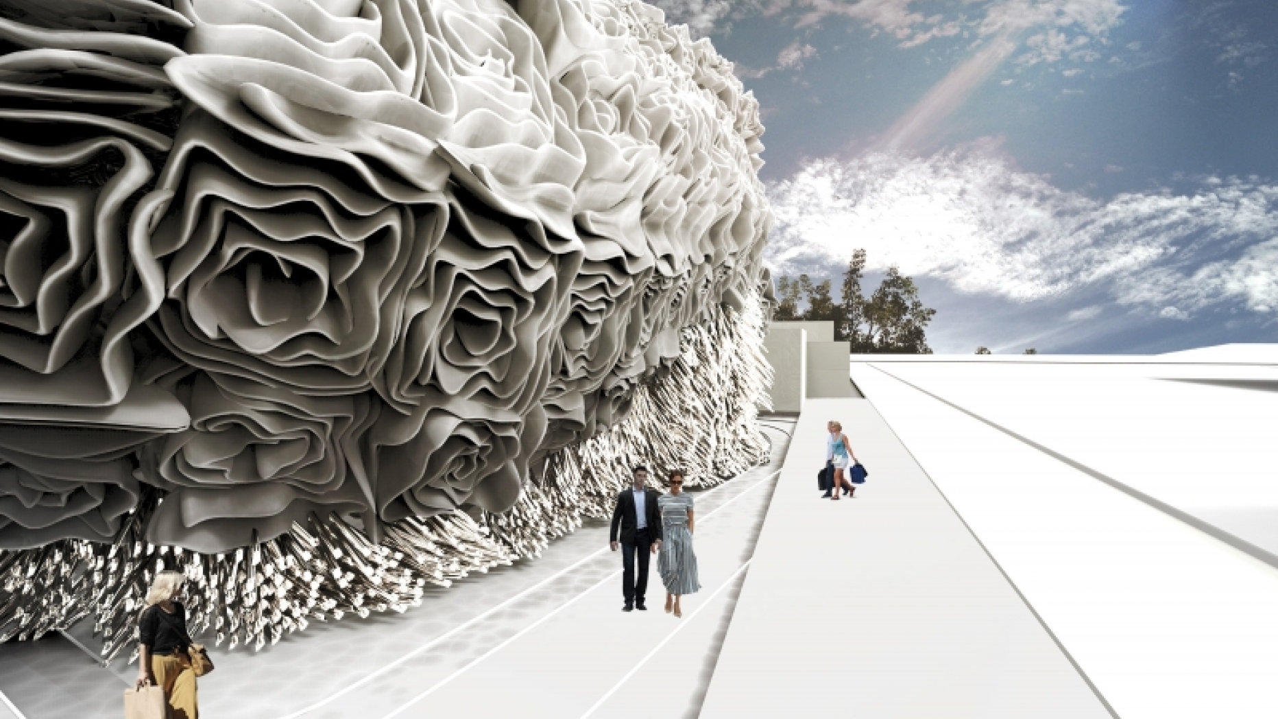 Rendering of building with walls with biomorphic flower like pattern
