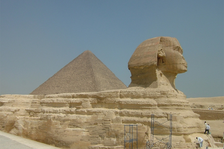 Giza Plateau, Egypt.  Conservation of body of Sphinx with veneer stones.