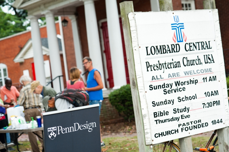 Church picnic happening in front of Lombard Street Presbyterian Church