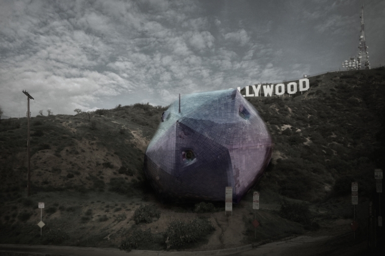 Avant garde house design in front of Hollywood Sign