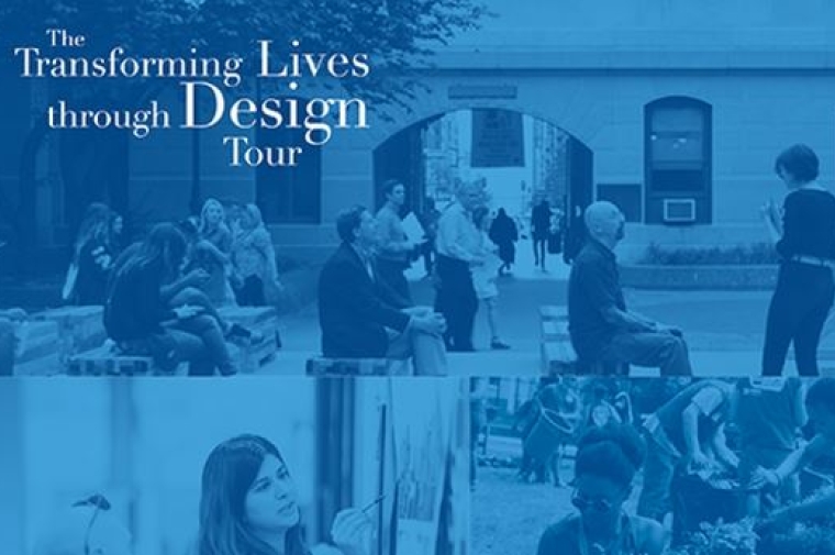 The transforming lives through design tour. (Background, blue tinted photo collage of tour)