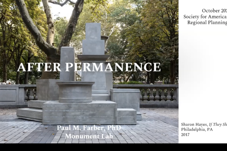 Zoom capture with view of stone monument and Paul Farber video feed