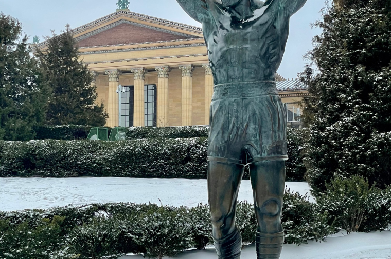 Snow covered Rocky Statue and Philadelphia Museum of Art