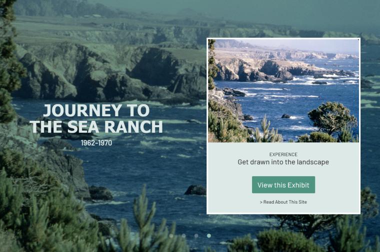 Main page for the Journey to the Sea Ranch Collection site.Photo of beach waves craching into rocks.