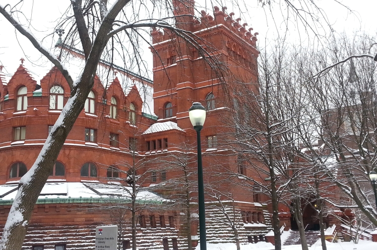 A snow covered Fisher Library on the Penn campus