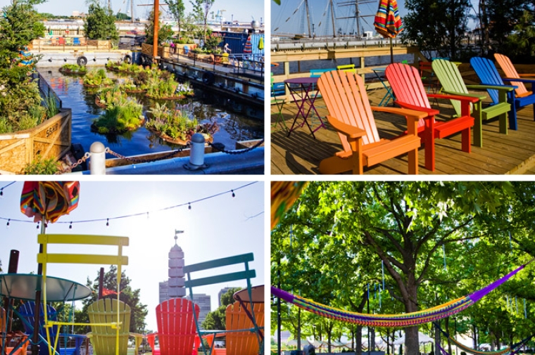 Hammocks, colorful chairs and decorations at the Spruce Street Harbor Park
