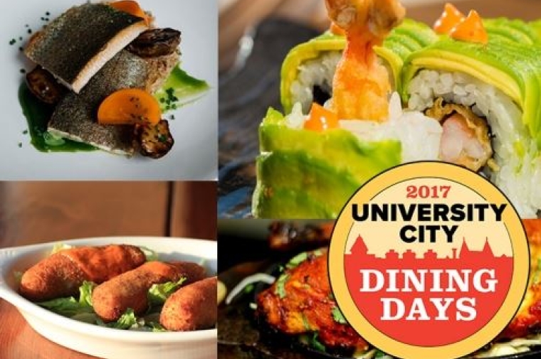 Logo for University City Dining Days. Background: Meals from University City restaurants