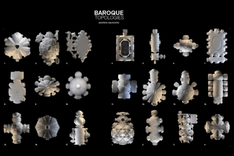 Poster for Baroque Topologies. Graphics: Different Baroque buildings seen from above.