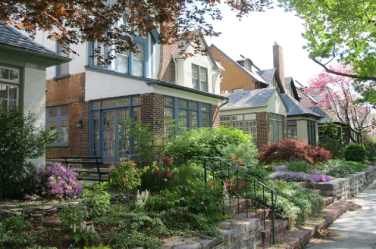 Row Houses with beautiful gardens in West Philadelphia