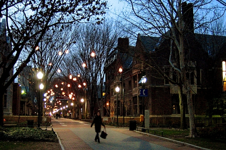 Penn campus with winter lighting at sunset