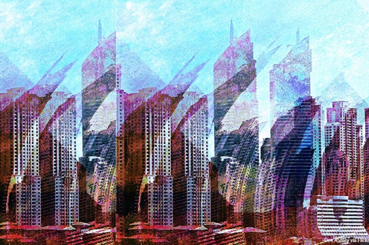 Print work by Ashley Dee featuring repeated skyscrapers