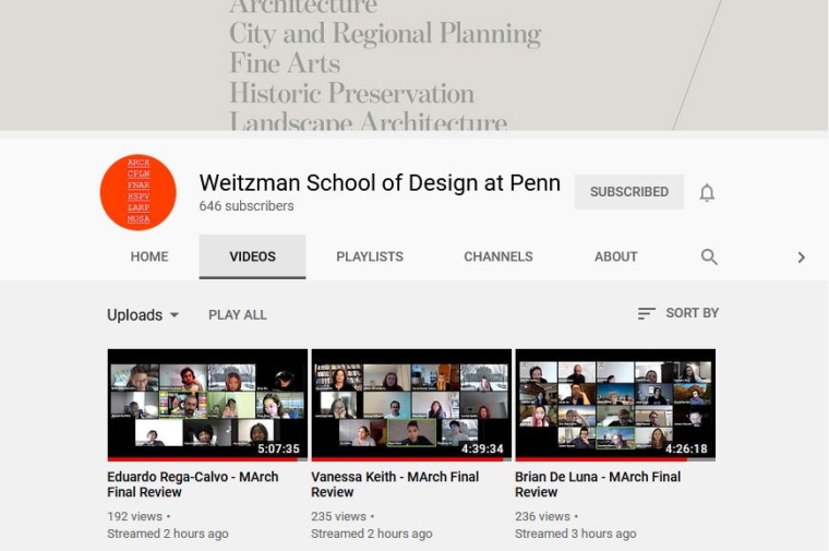 Weitzman School of Design at Penn Youtube page highlighting Studio Final Review videos.