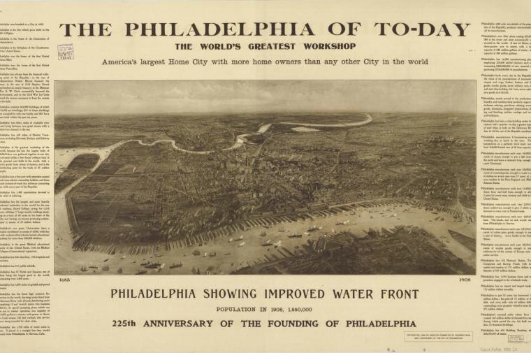 Old newspaper with aerial view of Philadlephia. Headline reads "The Philadelphia of To-day"      