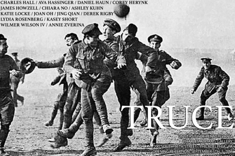 Sign for event Truce. Background is old black and white photograph of boys playing soccer