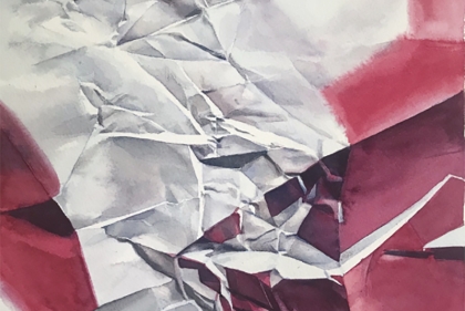 Painting of crumpled red and white paper.