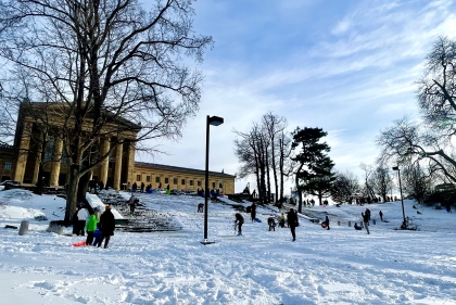 Philadelphia residents enjoying the snow behind the Art Museum.