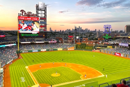 Image of a baseball field home to the Philadelphia Phillies with the Philadelphia skyline shown in the distance.