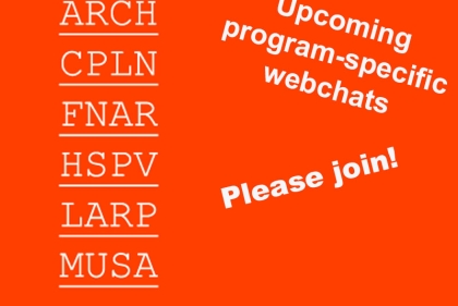 White bold text on an orange background that reads upcoming program-specific webchats