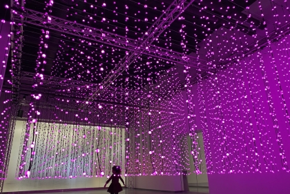 Strings of pink lights hung so that they form a large cube shape