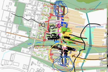 Map of campus with different areas circled and named