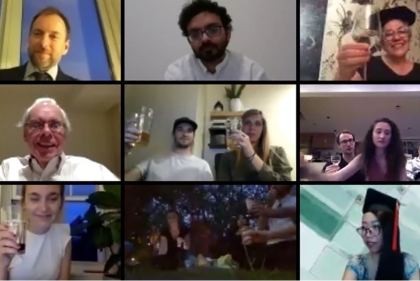Multi screen video chat of people toasting graduation