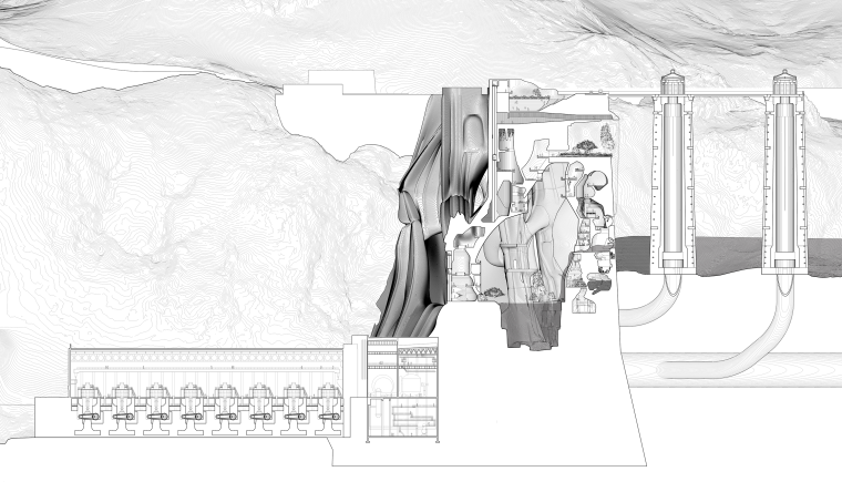 Section of Hoover Dam intake towers, existing power plant and reimagined body with large cavern covered by columns filled with occupiable space.