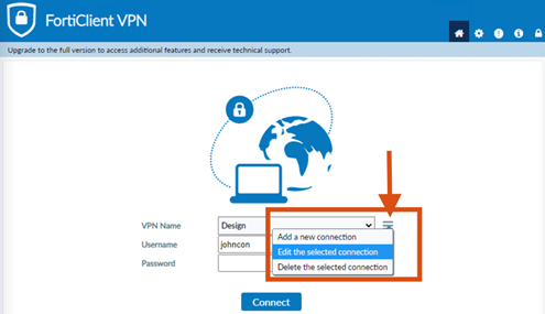 Edit the configuration of your current VPN profile by clicking the menu button and then clicking Edit the selected connection from the menu that appears.