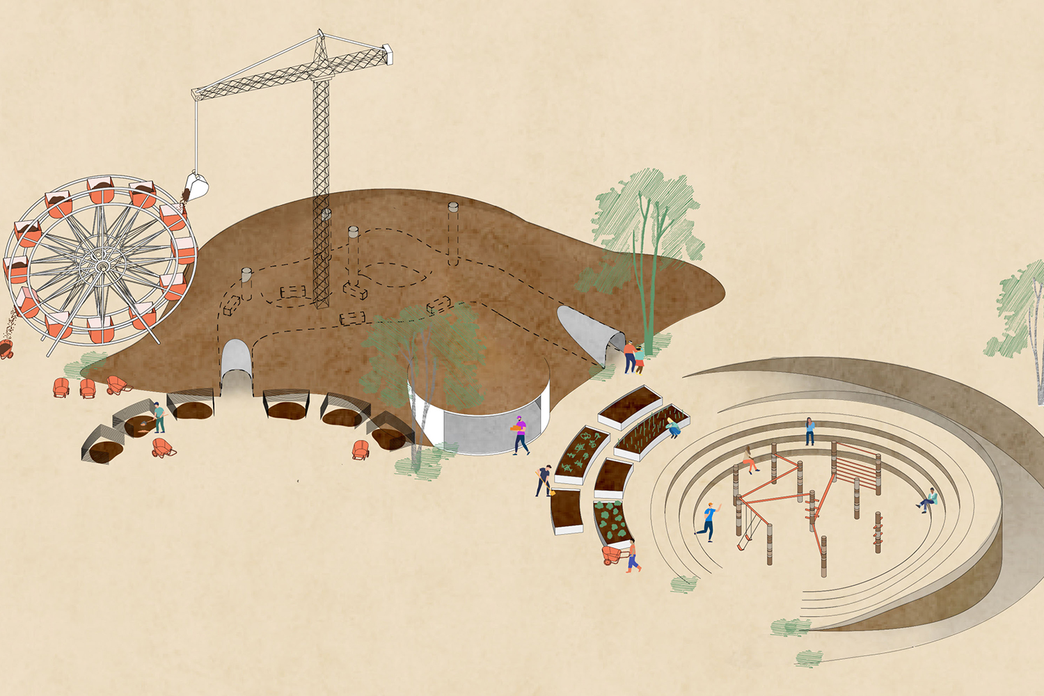 Complex illustration with mound of dirt and spiral construction
