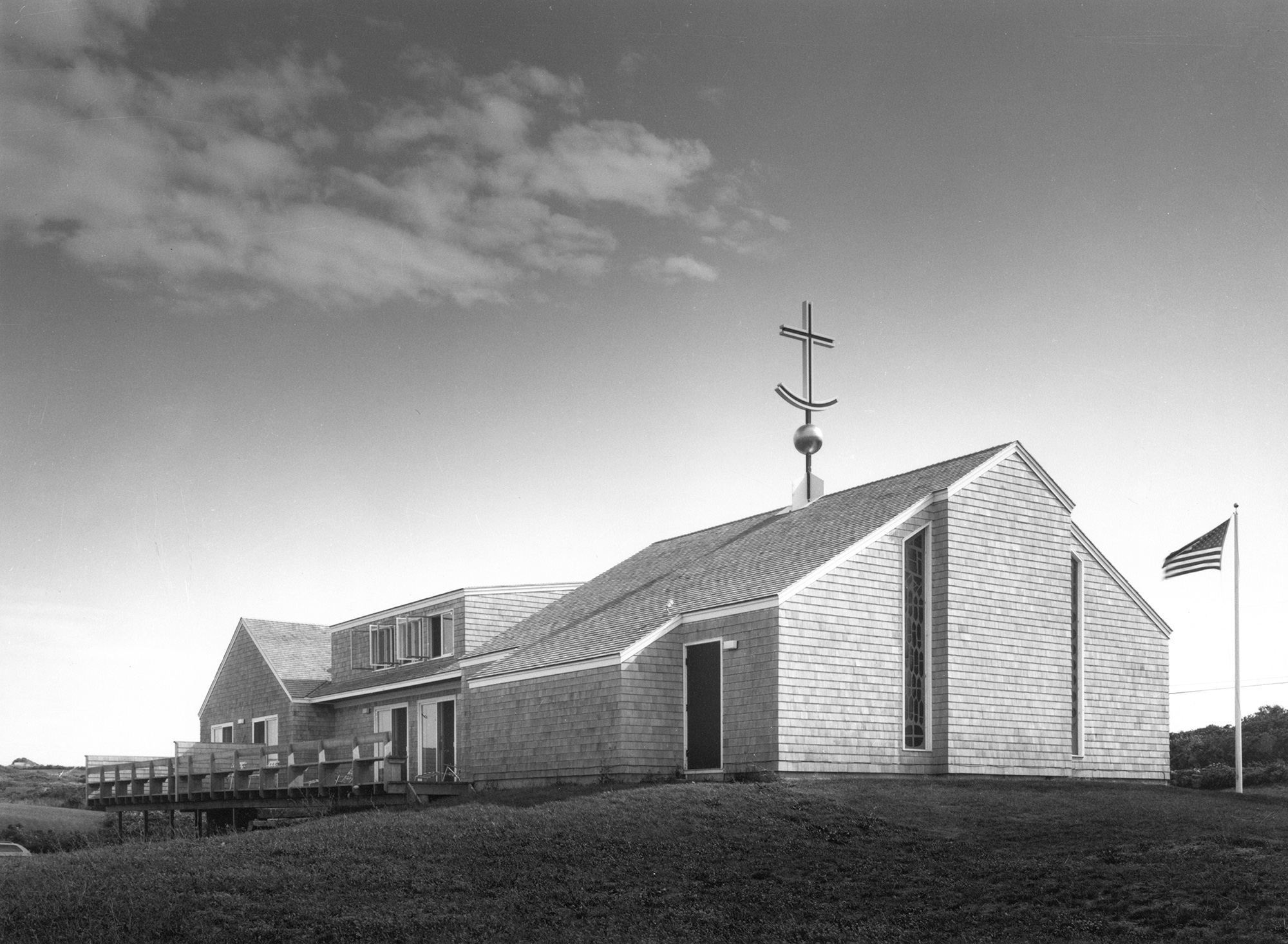 Black and white photo of church on Block Island, RI