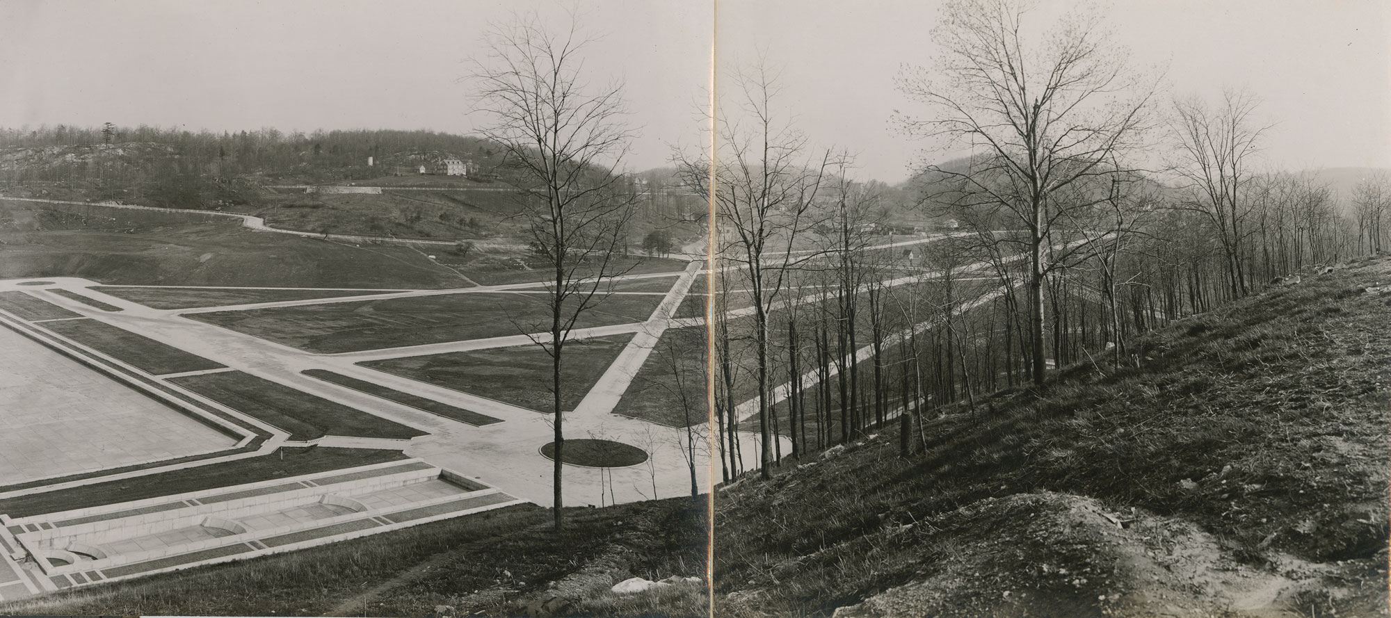 Blakc and white photo of roadway under constrction