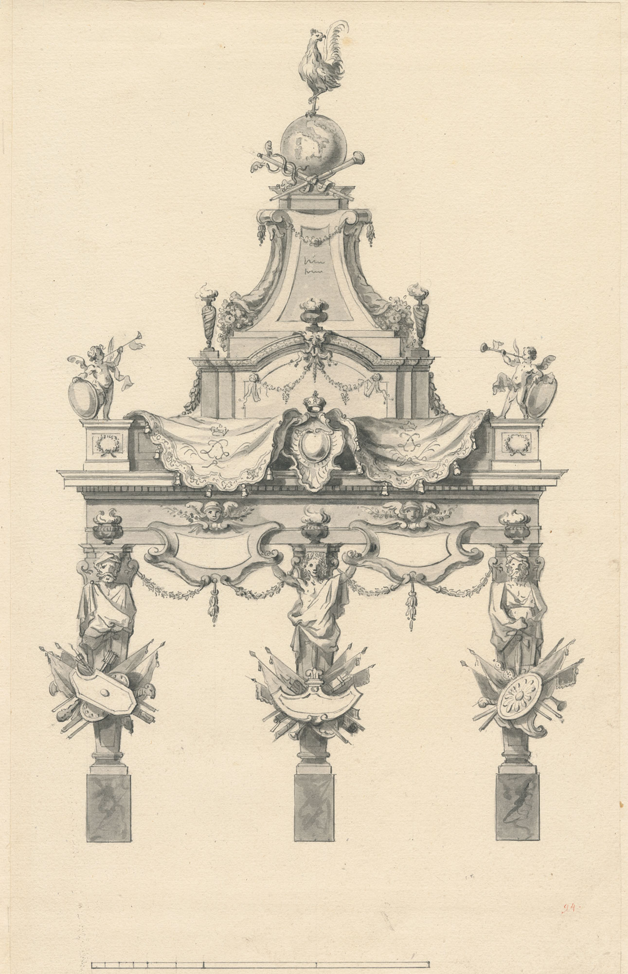Ink and wash sketch of an architectural decoration