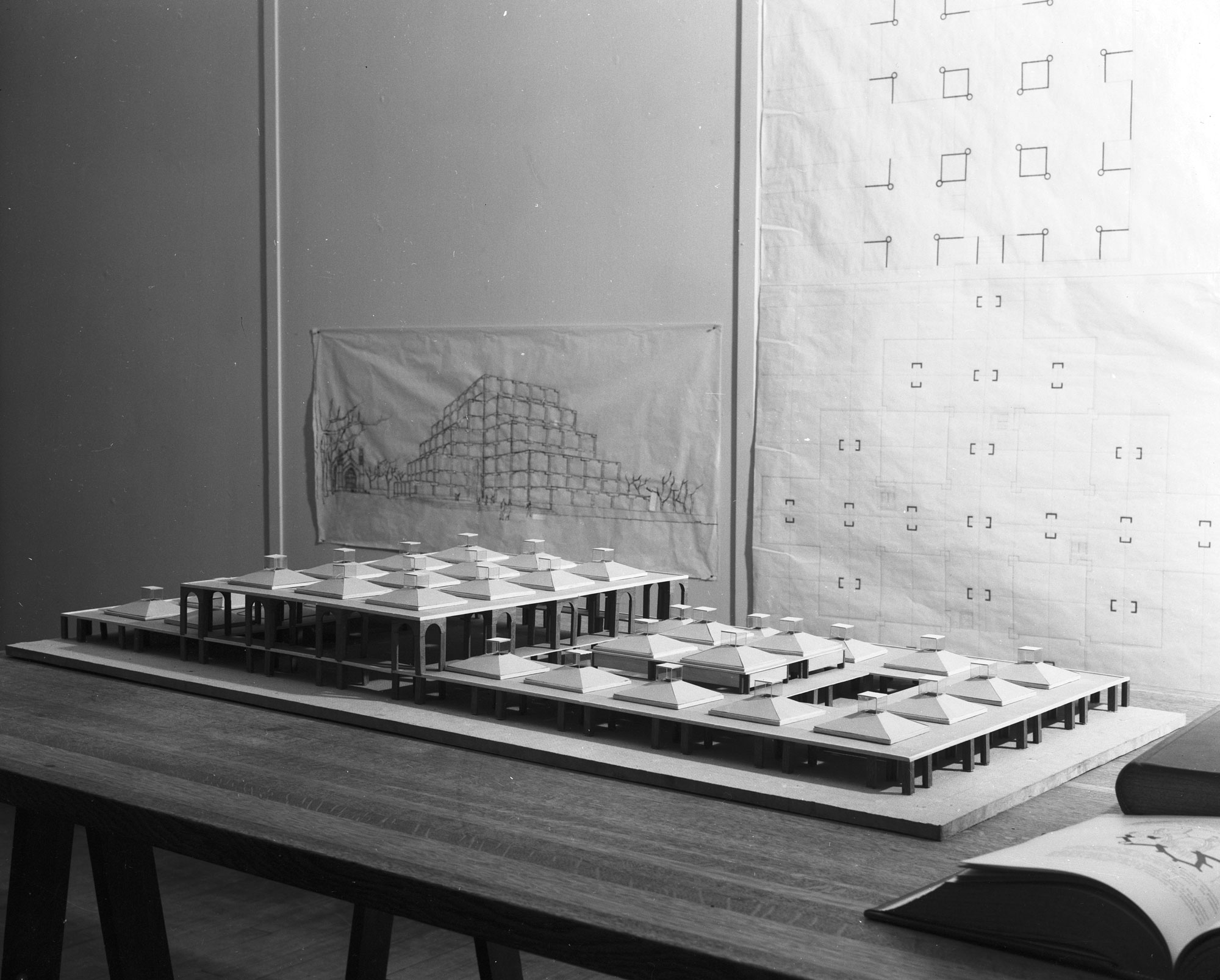 Balck and white photograph of a model for the Jewish Community Center