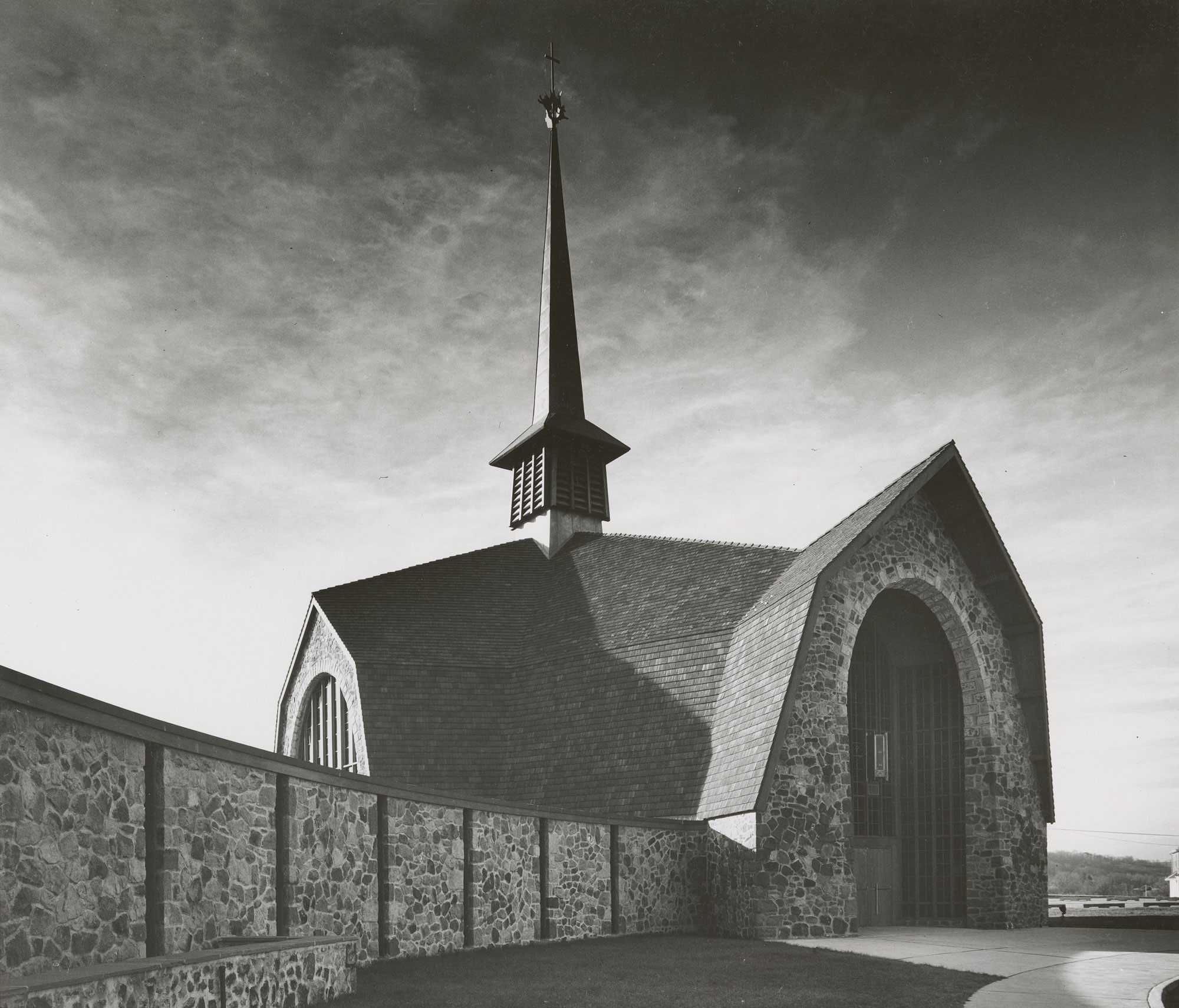 Exterior photograph of stone church