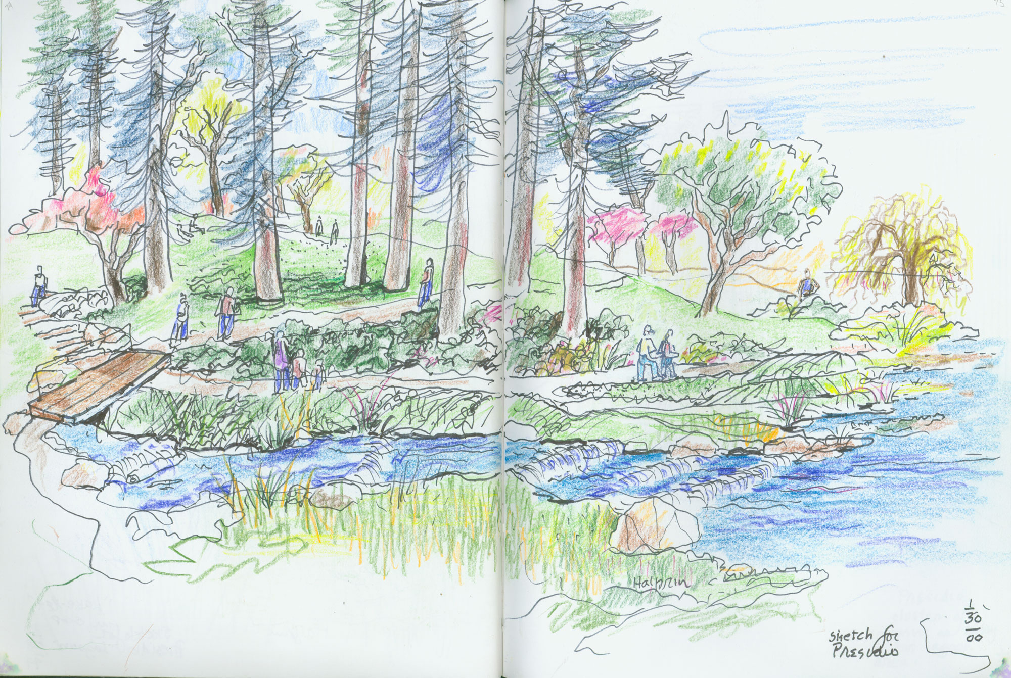 Colored pencil notebook sketch of forest and creek by Lawrence Halprin