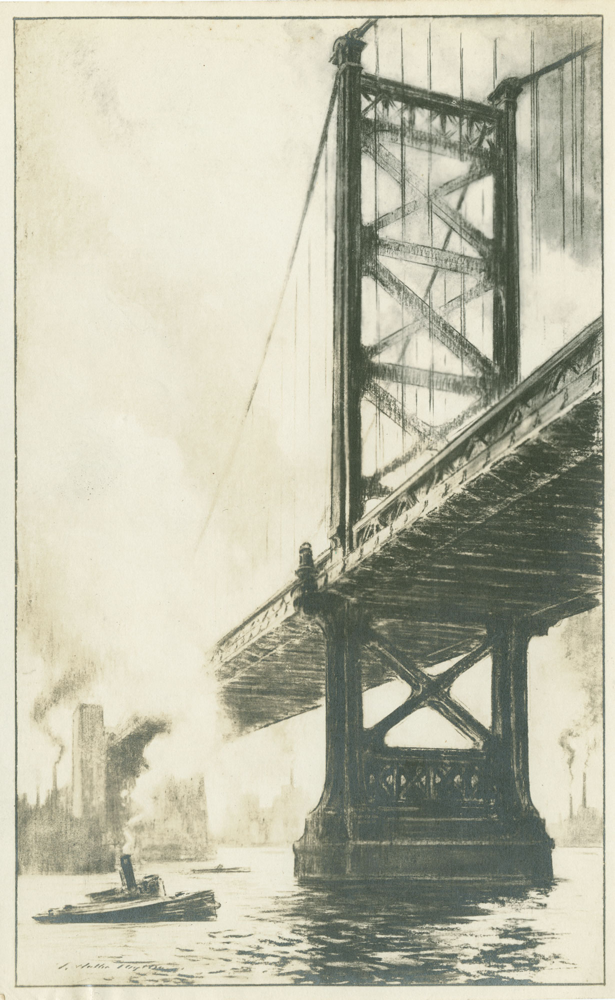 black and white drawing of bridge over a river